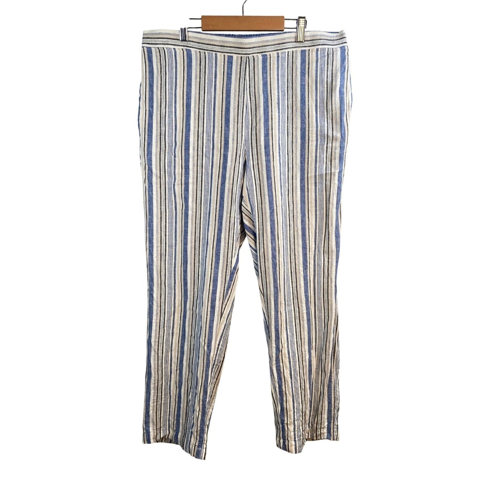 Woman Within Striped Linen Blend Pants Size 18W Petite Coastal Nautical Stretch